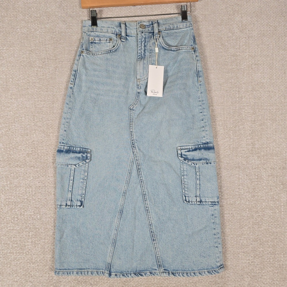 Rails Highland Cargo Riviera Light Wash Denim Midi Skirt Size 23 NEW